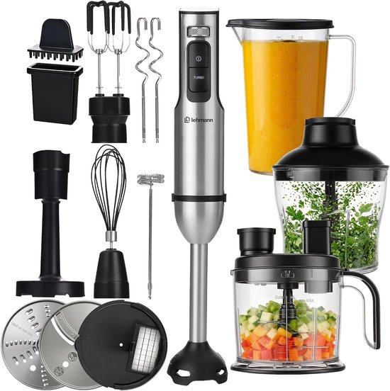 Multifunctionele staafmixer, 10-in-1, 2000 W, 12 snelheden en turbo, 12 accessoires, beker 800 ml, hakmolen 600 ml en 1500 ml, BPA-vrij, digitaal snelheidsdisplay, krasbescherming