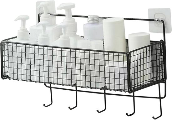 Muurbevestigde Opbergbak voor Badkamer, Eenvoudig te Installeren, Multifunctioneel en Draagbaar met Haak voor Keuken en Toilet (Zwart) van Merkloos