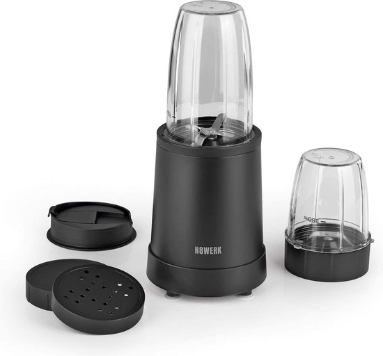 N8WERK Nutrition Mixer in de Midnight Edition | blender voor smoothies en cocktails, ice crush functie, roestvrijstalen messen, 700 ml en 350 ml mengcontainer met to-go deksel, 800 watt, zwart van Merkloos