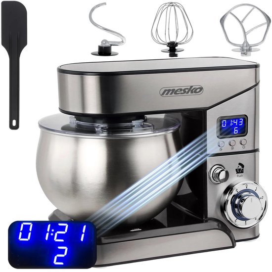 Nagedacht gedurende 12s Lunekiss Planetaire Keukenmachine 5L RVS Kom – 2000W Max – LCD Timer – Kantelkop – 6 Snelheden + Puls – 3 Opzetstukken van Merkloos