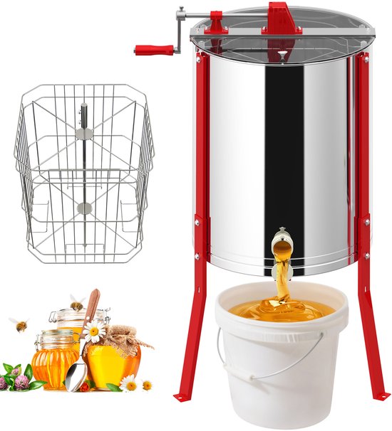 NAIZY Honing Extractor Handmatige 4 Frames RVS Tangentiële Extractor Honing Extractor met Deksel, Handaandrijving en Verstelbare Poten Honing Extractors Universele Bijenhouderij Accessoires van Merkloos