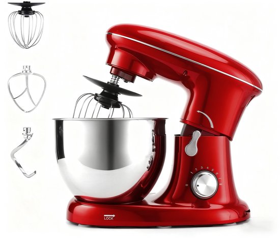 NETTLIFE Keukenmachine – 1400W – 5L Rührschüssel – met Knethaken Rührbesen Schneebesen – Voor Brot Pizzateig Kuchen Sahne – Rood van Merkloos