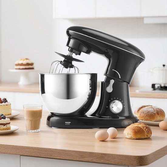 NETTLIFE Keukenmachine – 1400W – 5L Rührschüssel – met Knethaken Rührbesen Schneebesen – Voor Brot Pizzateig Kuchen Sahne – Zwart van Merkloos