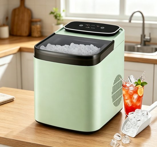 NETTLIFE Kleine Compacte IJsmachine – Stil – Snel 9 Blokken in 6 - 10 Min – 2 IJsmaten – Tot 14 kg/24u – Automatische Stop & Zelfreinigend – Draagbaar – Groen – Voor Keuken Kantoor Bar & Feest