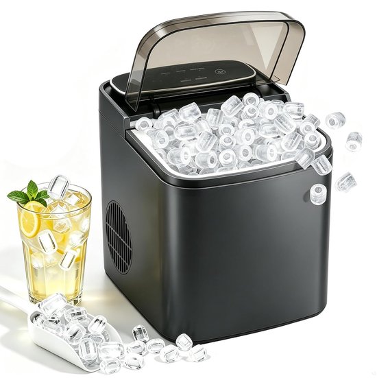 NETTLIFE Kleine Compacte & Stille IJsmachine Grijs – 9 IJsblokken in 6 - 10Min – 2 IJsmaten – Tot 14 kg/24u – Automatische Stop – Zelfreinigend – Draagbaar – Voor Keuken Kantoor Bar & Feest