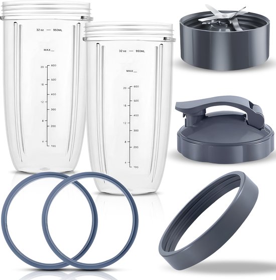 Nexsel 8-Delige Accessoires set Geschikt voor Nutribullet 600 900 watt – 2 Bekers (900 ml), Messenblad, Deksel & meer - Cup Mes Blade Onderdelen voor Nutri Bullet Blender van Merkloos