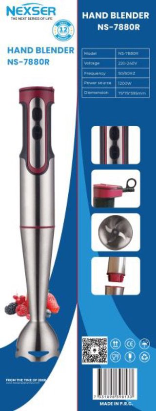 Nexser 1200W Staafmixer – Hand Blender met RVS Staaf en 4-Mes Systeem – Krachtige Soepmixer en Smoothie Blender met Traploze Snelheidsregeling van Nexser