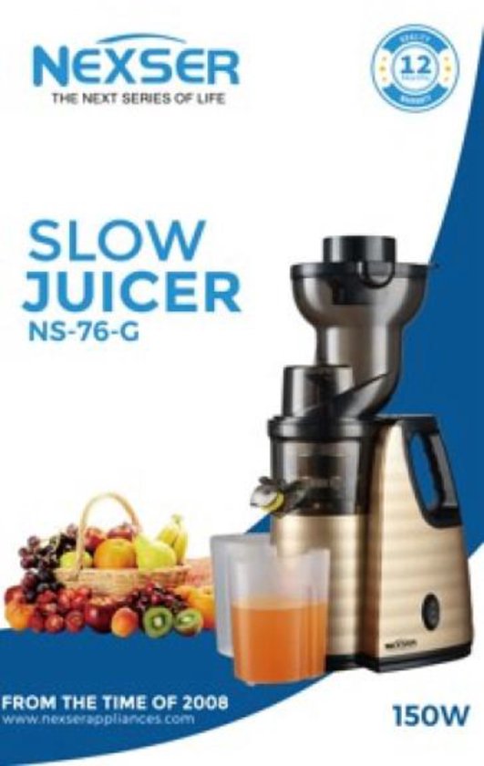 Nexser 150W Slow Juicer – Professionele Langzame Juicer met Grote Vulopening – RVS Mes & Zelfreinigend – Goud van Nexser