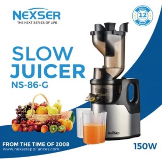 Nexser 150W Slow Juicer – Professionele Langzame Juicer met Grote Vulopening – RVS Mes & Zelfreinigend – Zilver van Nexser