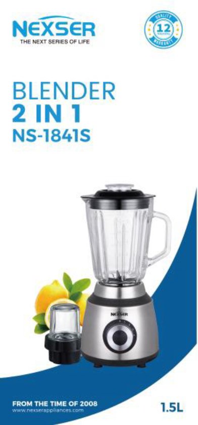 Nexser 1.5L Blender – 600W Smoothie Maker met 6 Blades – Elektrische Keuken Blender voor Shakes, Sap, Milkshakes en IJsklontjes – 5 Snelheden