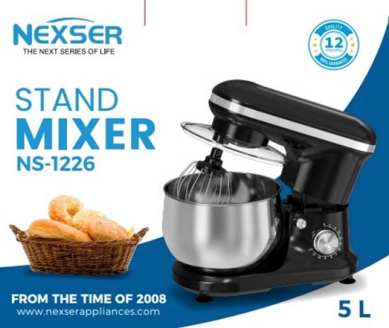 Nexser 5L Elektrische Stand Mixer – 1000W – Multifunctionele Keukenmixer voor Cake, Brood, Deeg en Slagroom – 10 Snelheden, Spiraalhaak & Accessoires van Nexser