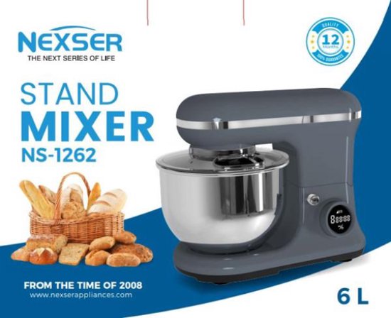 Nexser 6L Professionele Stand Mixer – 1200W Elektrische Deegmixer met RVS Mengkom – 6 Snelheden voor Brood, Taart & Beslag van Nexser