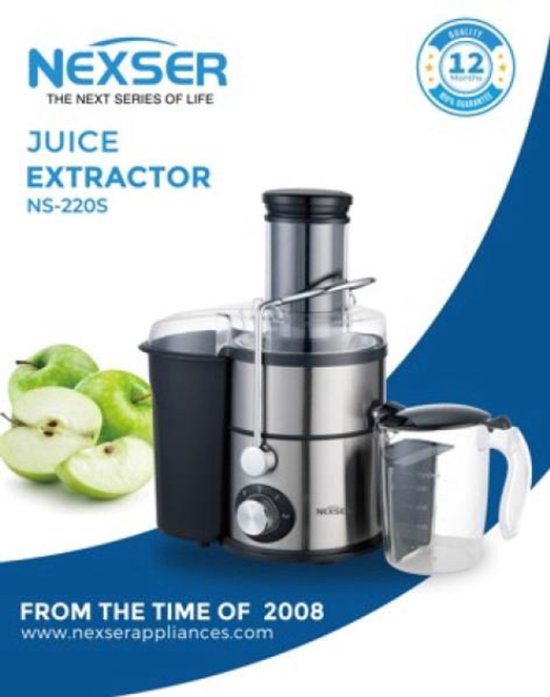 Nexser 900W Centrifugal Juicer – 2-Speed Hoge Snelheid Sapmachine – 1L Sapkan & 2L Pulpreservoir – RVS & ABS – Stil en Multifunctioneel voor Thuisgebruik van Nexser