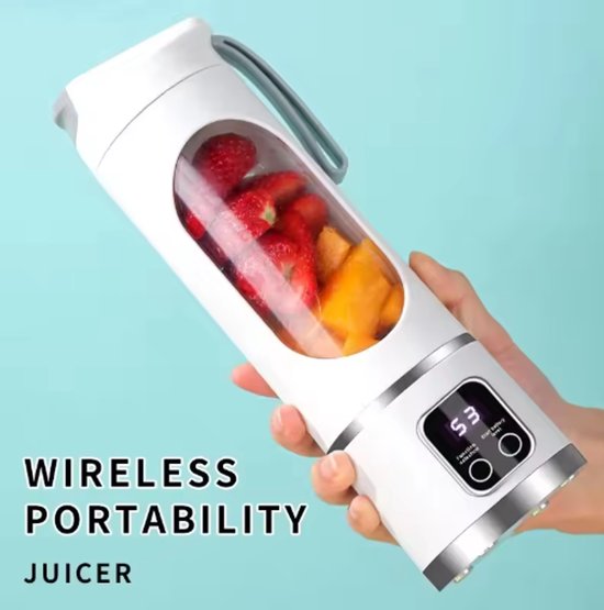 Nieuwe oplaadbare mini-elektrische ijscrusher en sapcentrifuge voor thuis, krachtige motor, grote capaciteit van 450 ml, sapbeker met digitaal display - wit van Merkloos