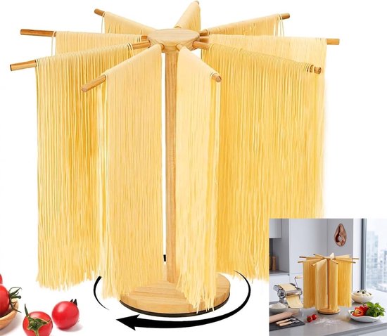 Noedeldroger met 9 stangen - houtkleur - draaibaar ontwerp - voor zelfgemaakte pasta - ShopVlot
