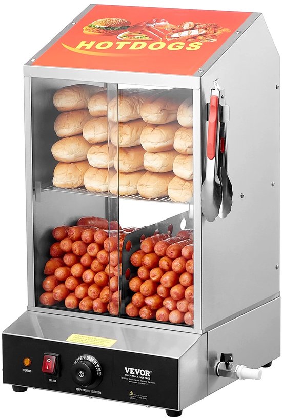 NordHaus Hotdogstomer - Professionele Warmhoudvitrine - Broodjeswarmer met Stoomverwarming - Instelbare Temperatuur 30-85°C - 36L