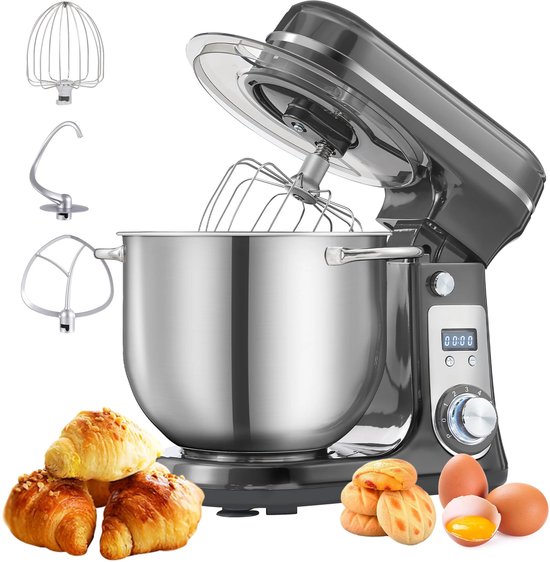 Norvia Keukenmachine - Display en Timer - Keukenrobot - 6L - Keukenmixer - 1200W - Grijs - Stille motor - RVS kom - 6-speed van Norvia