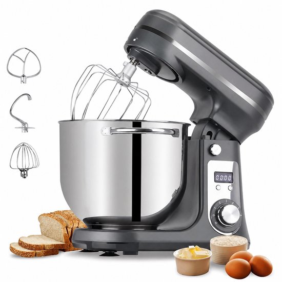 Novari Keukenmixer - Keukenmachine - Keukenrobot - Deegkneder - 1200W motor - 6 snelheden - Stille werking - 6 liter kom - Grijs van Merkloos