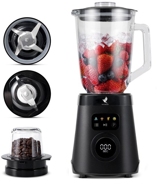 NovaWare Blender – 1.5L – 1000W Smoothie Maker - Incl. Koffiemolen / Bonenmaler Functie 250ML - Met Display - Glas - Zwart