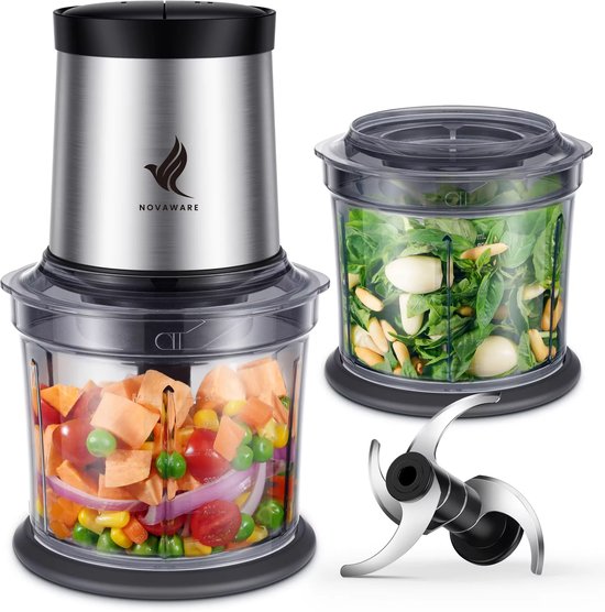 NovaWare Hakmolen Elektrisch - Food Chopper - Hakmolen Electrisch - Groentesnijder - Foodprocessor - 4 Messen - 300W - 900ml