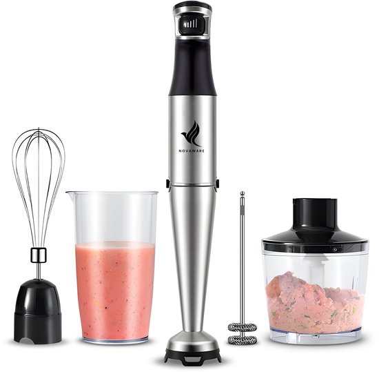 NovaWare® Staafmixer – 6-in-1 Staafmixer Set – 1100W - Met Hakmolen, Garde, Melkopschuimer & Maatbeker – RVS van NovaWare