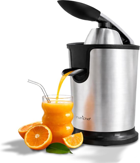 Nutrichef Citruspers - Sinaasappelpers Elektrisch - 160 Watt - Handmatige Pershendel - Verstelbaar Vliesfilter - RVS Zilver van Merkloos