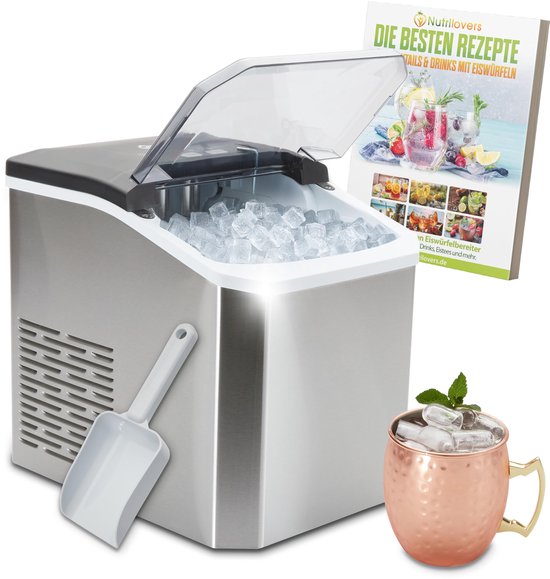 Nutrilovers IJsblokjesmachine NUTRI-ICE MAKER roestvrij staal ijsblokjesmaker, transparante ijsblokjes 2 maten (S/L) incl. Moscow Mule beker & receptenboek van Merkloos