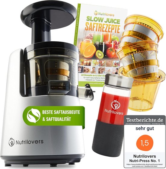 Nutrilovers Juicer Slow Juicer NUTRI-PRESS NO.1 Testwinnaar sapopbrengst 3 zeef, smoothie, fruitijs, zeer stil, BPA-vrij [Energieklasse A+++] van Merkloos
