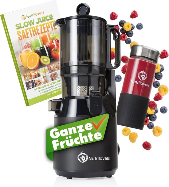 Nutrilovers sapcentrifuge NUTRI-PRESS MAX Hele vruchten persen Slow Juicer Slow Juicer koude pers met XXL 135 mm opening, BPA-vrij incl. sapfles, Slow Juice receptenboek van Merkloos