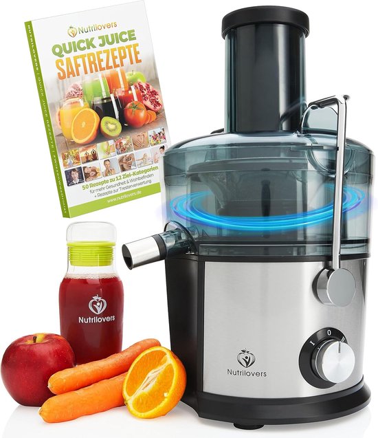 Nutrilovers *testwinnaar* QUICK-JUICER roestvrijstalen fruit- en groentepapcentrifuge I XXL inzetstuk voor het persen van hele vruchten, 800W, 2 snelheden, BPA-vrij incl. drinkfles + receptenboek & app van Nutrilovers