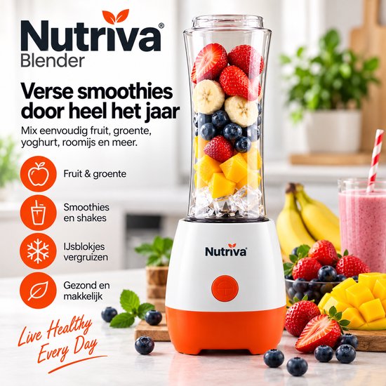 Nutriva Blender - Smoothie Blender - 600 ml - IJscrusher - Met Drinkdeksel - Voor Fruit & Groente - Op Netstroom van Nutriva Blender