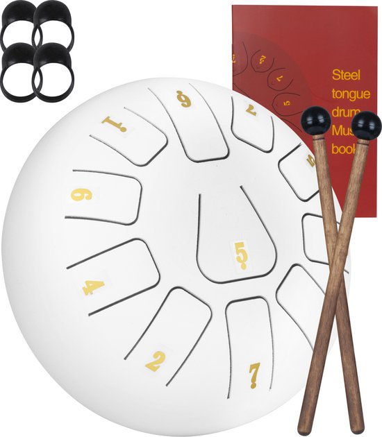 Nuvance - Handpan - Incl. Lesboek, Vingerdrums en Opbergtas - Tongue Drum - Handpan Drum - Steel Tongue Drum - Wit van Nuvance