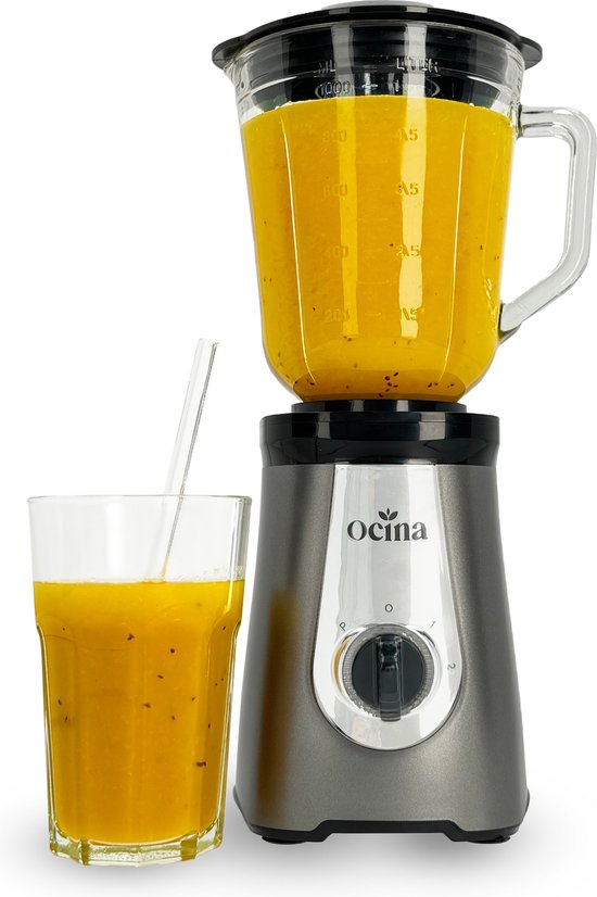 Ocina Krachtige Blender – Smoothie Maker - met Glazen Kan - 1 Liter – 500W – Mat Grijs van Ocina
