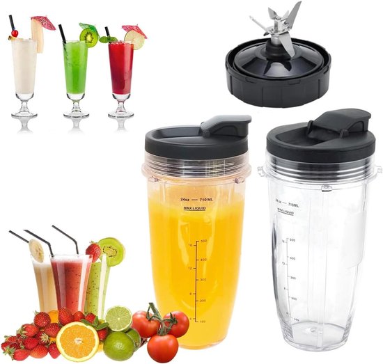 OIMG 24OZ Vervangende onderdelen voor blender - Geschikt voor Ninja - 24 oz beker 710ml - met 7 Vinnen B s & Afdichtdeksel - Geschikt voor Nutri Ninja BL480 BL482 BL642 NN102 BL682 - 2 bekers, 2 deksels, 1 basis(zwart) van Merkloos