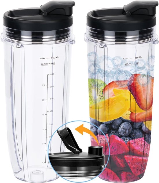 OIMG 32 OZ Vervangende onderdelen voor blender - 2 Stuks - Geschikt voor Nutribullet Blender - 950ml beker - Blenderaccessoires - met 2x Flip Top To Go-Deksel - Geschikt voor Nutri Ninja BL450 BL454 BL455 BL456 BL480 BL481 BL482 BL490 BL640 BL642... van Merkloos