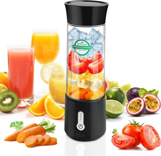 OKWISH Blender Draagbaar – 89 x 89 x 270 Mm – Oplaadbaar – Lekvrije Deksel – Voor Onderweg – Voedselveilig PCTG - Zwart