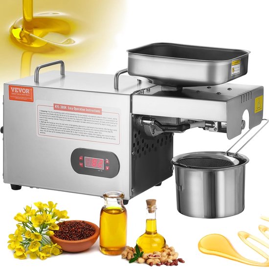 Oliepersmachine Elektrisch - 850W Oliepers - RVS - 0-300 °C Instelbaar - Voor Pinda's, Sesam, Koolzaad & Noten - Hoog Olierendement - Warmpersen - RVS Olieverdrijver - Oliewinningsmachine - Thuisgebruik & Professioneel - Zilver van Merkloos