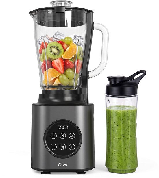 Olvy Kitchen Blender - 1000W Smoothie Maker - 1,5L Glazen Kan met 600ml To-Go Beker - IJscrusher & Pulsefunctie - BPA- en BPS-vrij