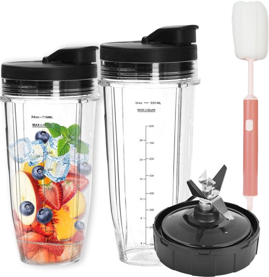 Omgoods- Blenderonderdelen Set - 2 x 710ml Kopjes - 2 Flip Top Deksels - 7-vin Mesassemblage - Compatibel met Nutri Ninja - Duurzaam materiaal - Blenderbekers