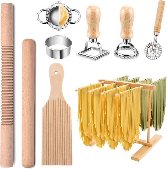 Omgoods - Pasta Maakset met 9 Houten Gereedschappen en Droogrek