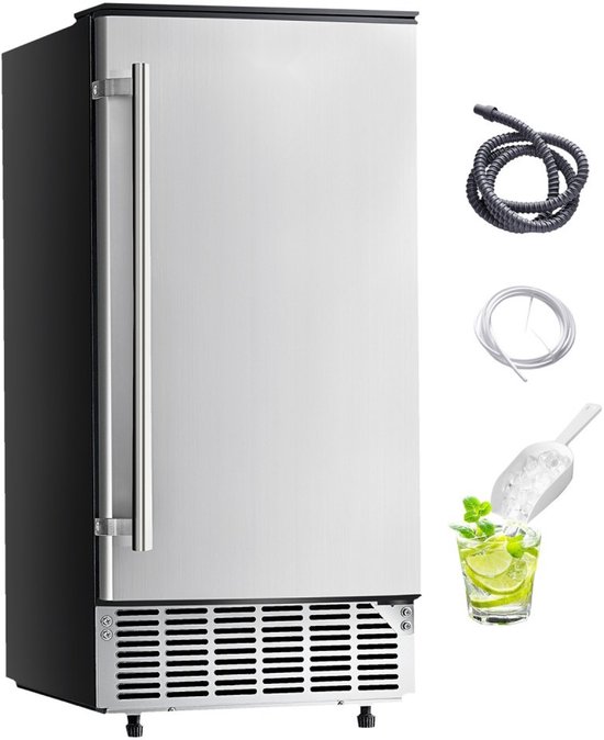 Onderbouw IJsblokjesmachine - Inbouwgeschikt - Capaciteit 36 kg/dag - Omkeerbare RVS Deur - Elektrische Afvoer - Voor Commercieel en Thuisgebruik - Zilver van Merkloos