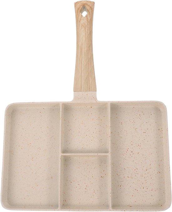 Ontbijtpan Met Handvat - Koekenpan Eieren - Snelle Maaltijden Bereiden - Gedeelde Pan 4 Gerechten - 35X27.5CM - Beige