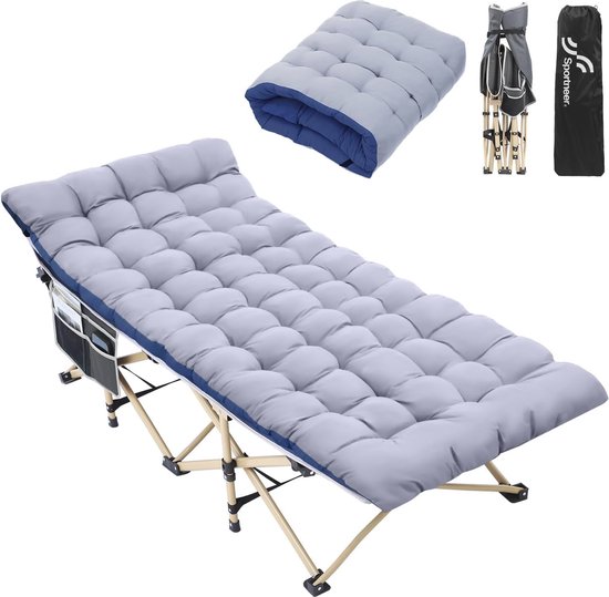 Opklapbaar Veldbed met Kussen - XXL Campingbed, Inklapbaar en Geschikt voor Binnen en Buiten - 188 x 71 cm, Tot 204 kg van Merkloos