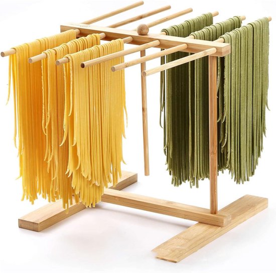 Opvouwbaar Pasta Droogrek - Pastadroger Keuken - Zelf Pasta Maken - Met Transferstaaf - 12 Armen - Natuurlijk Hout