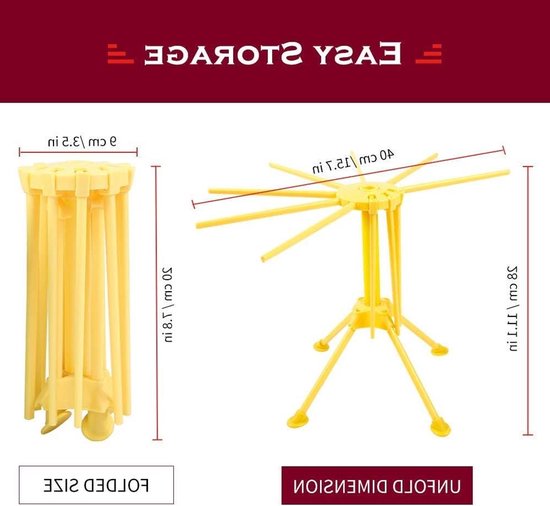 Opvouwbare Pastadroger - Droogrek Pasta - Verse Pasta Maken - 10 Droogstangen - 40 x 40 x 28 cm - Geel