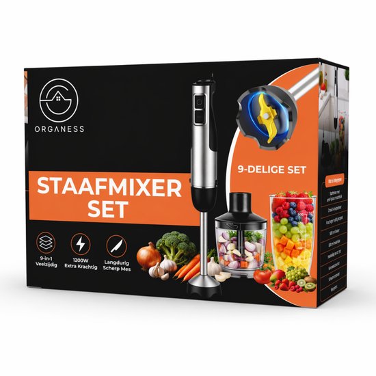 Organess Staafmixer 9-in-1 Set - 1200W - Vaatwasserbestendig - Incl. Titanium mes, Garde, Hakmolen, Maatbeker, Melkopschuimer, Aardappelstamper, Spatel, Deeghaken, Dubbele garde - 12 Snelheden + Turbofunctie - RVS van Merkloos