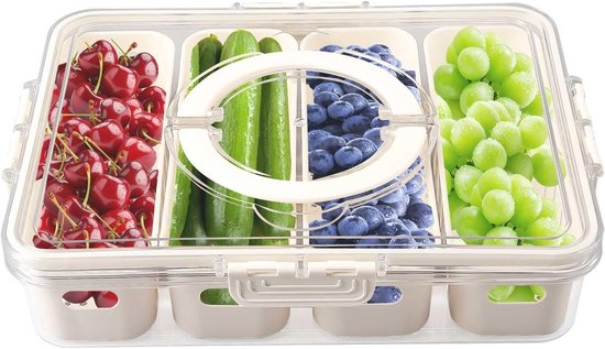 Organisator voor de koelkast met deksel, 4 vakken, verwijderbaar, ideaal voor vlees, groenten en fruit, transparante BPA-vrije containers, 31 x 24 x 7 cm