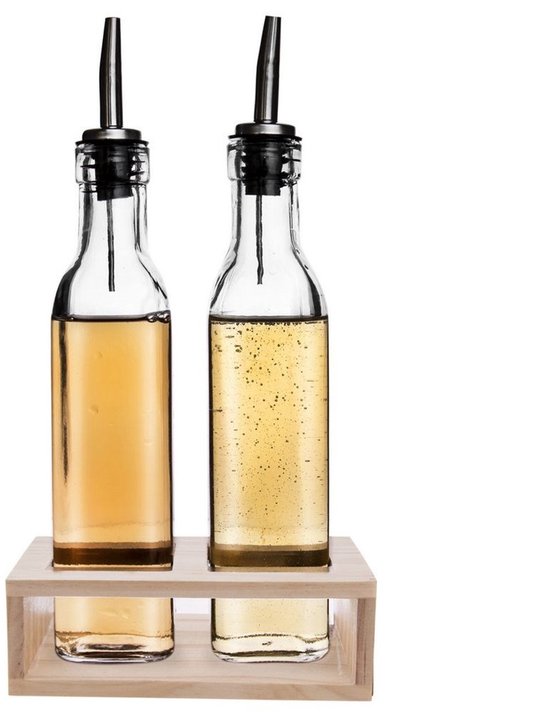 Orion Serie - Glazen Flessenset - 300 ml - Houten Standaard - Voor Olijfolie en Azijn van Merkloos