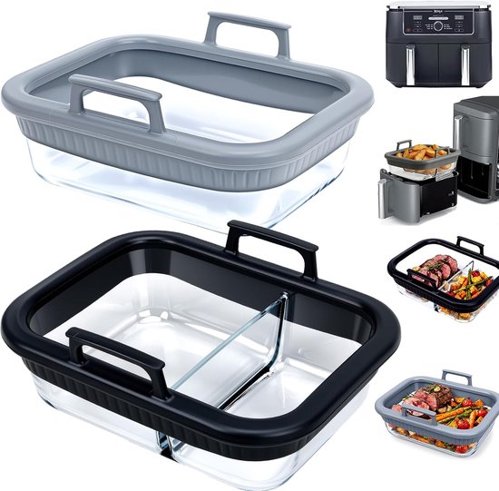 ovenschaal Airfryer 2 stuks voor COSORI/Ninja AF400 AF500 SL400 - glazen airfryer accessoires voor COSORI-heteluchtfriteuse met 2 kamers, 2 deksels, BPA-vrij, afneembare siliconen ring