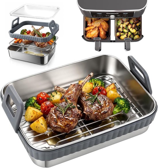 Ovenschaal voor airfryer met afneembare siliconen handgrepen, roestvrijstalen airfryer-accessoires voor AF400EU/AF500EU/DZ400EU, vaatwasmachinebestendige heteluchtfriteuse, ovenschaal voor Ninja
